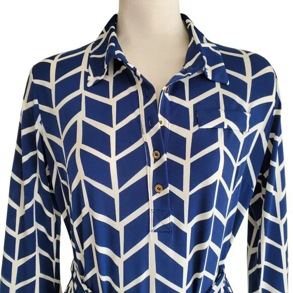 Donna Morgan Career Dress Blue & White Abstract Print with Self Tie Size 4 - Picture 3 of 16